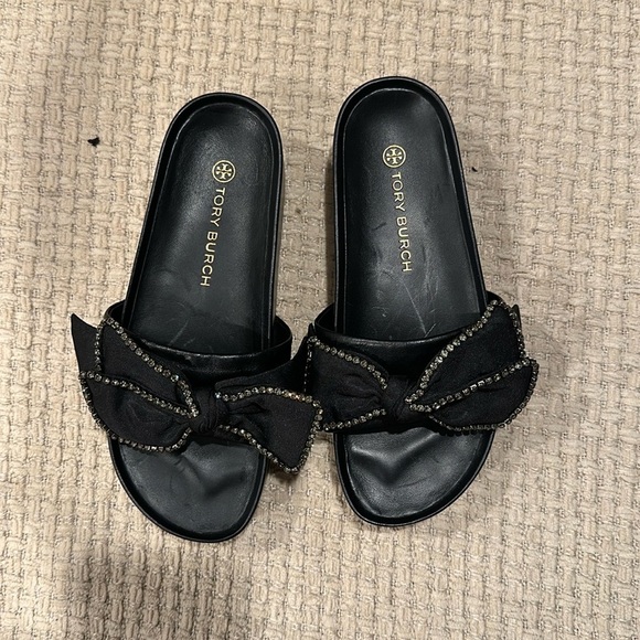 NIB Tory Burch Crystal Embellished Bow Leather Slide Sandal BLACK US 8 AUTHENTIC